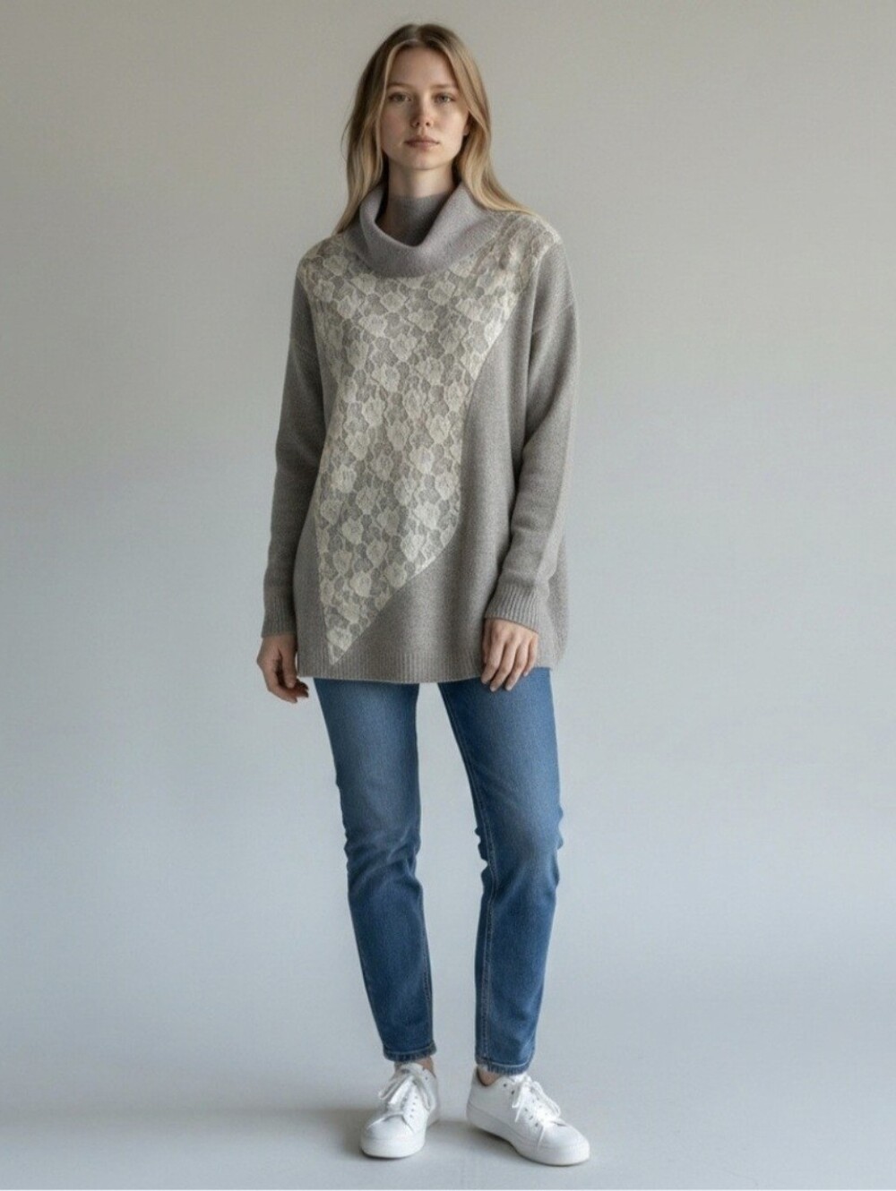 Soft Surroundings wool‎ blend grey white lace Cowl Neck sweater 2X